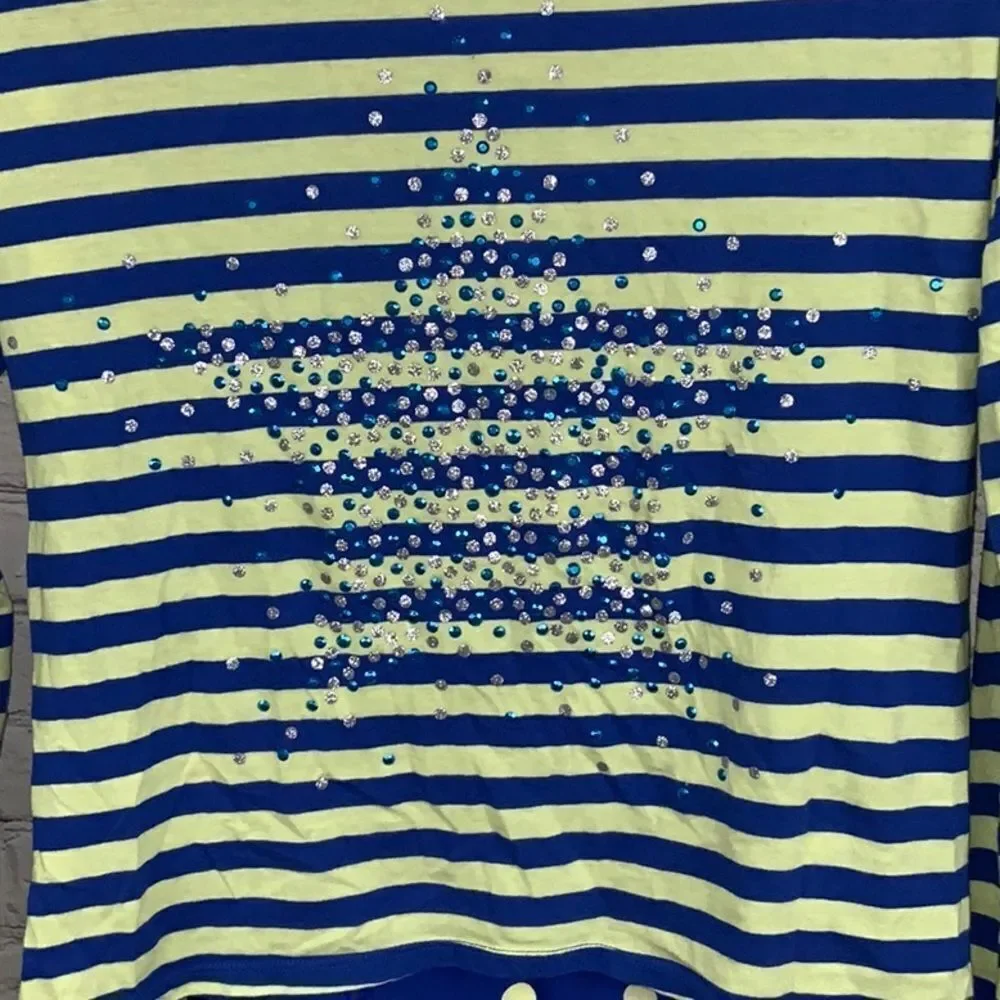 Justice Girls 14 Blue Stripe Yellow Polka Dot Glitter Star Chiffon Tee Knit Top
